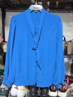 Women's Blue Tie-Neck Blouse